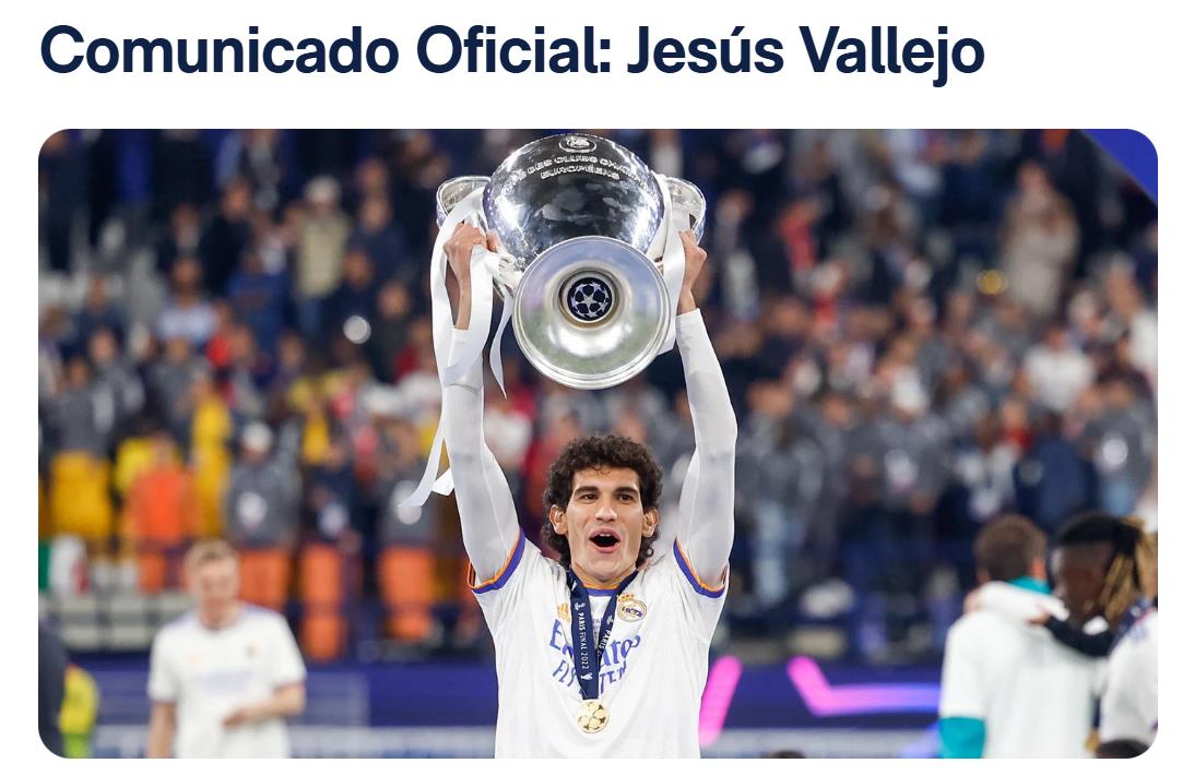 Real Madrid chính thức thông báo về sự ra đi của Vallejo. Ông chỉ chơi 35 lần trong 10 năm nhưng đã giành được 13 chức vô địch.